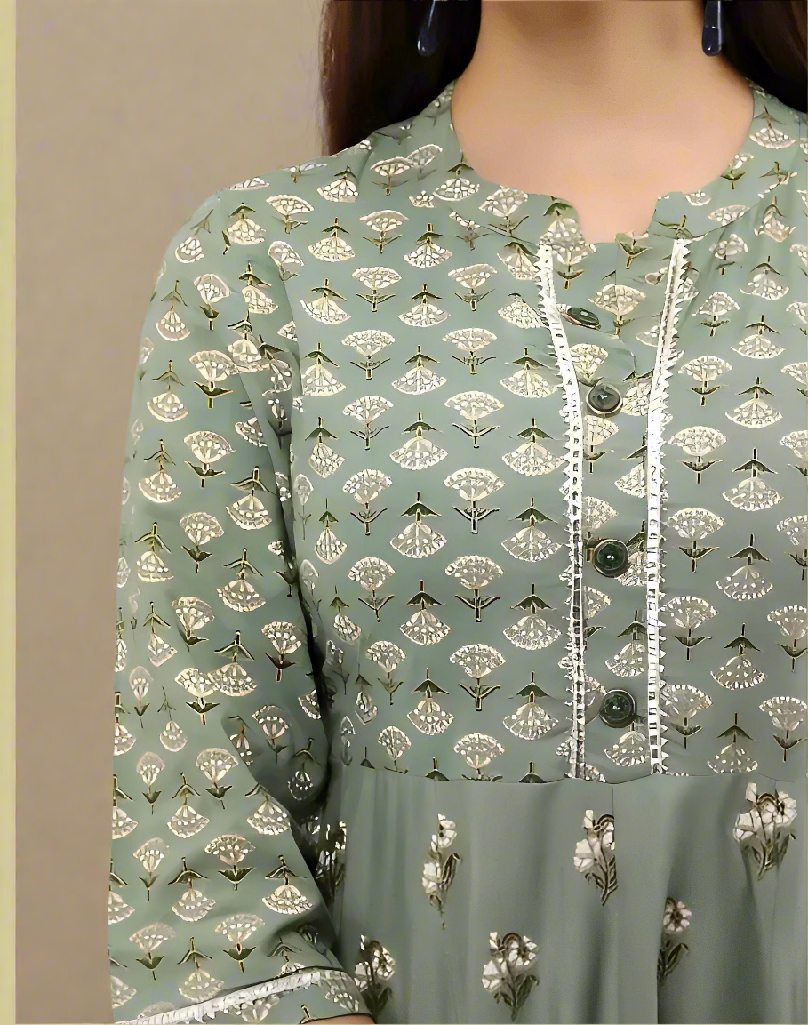 Asiyah - Women's Green Block-Printed Anarkali Suit with Floral Embroidery