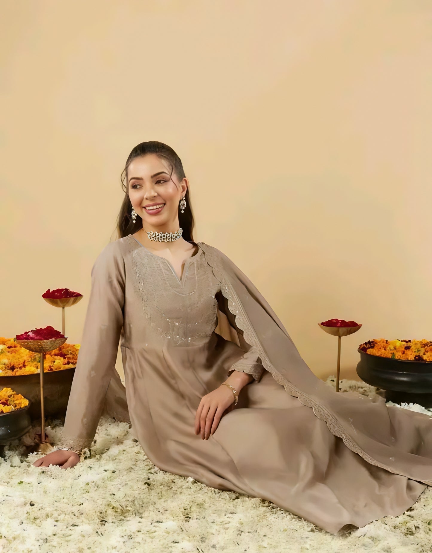 Gul-e-Zara Silk Beige Anarkali Kurta Set