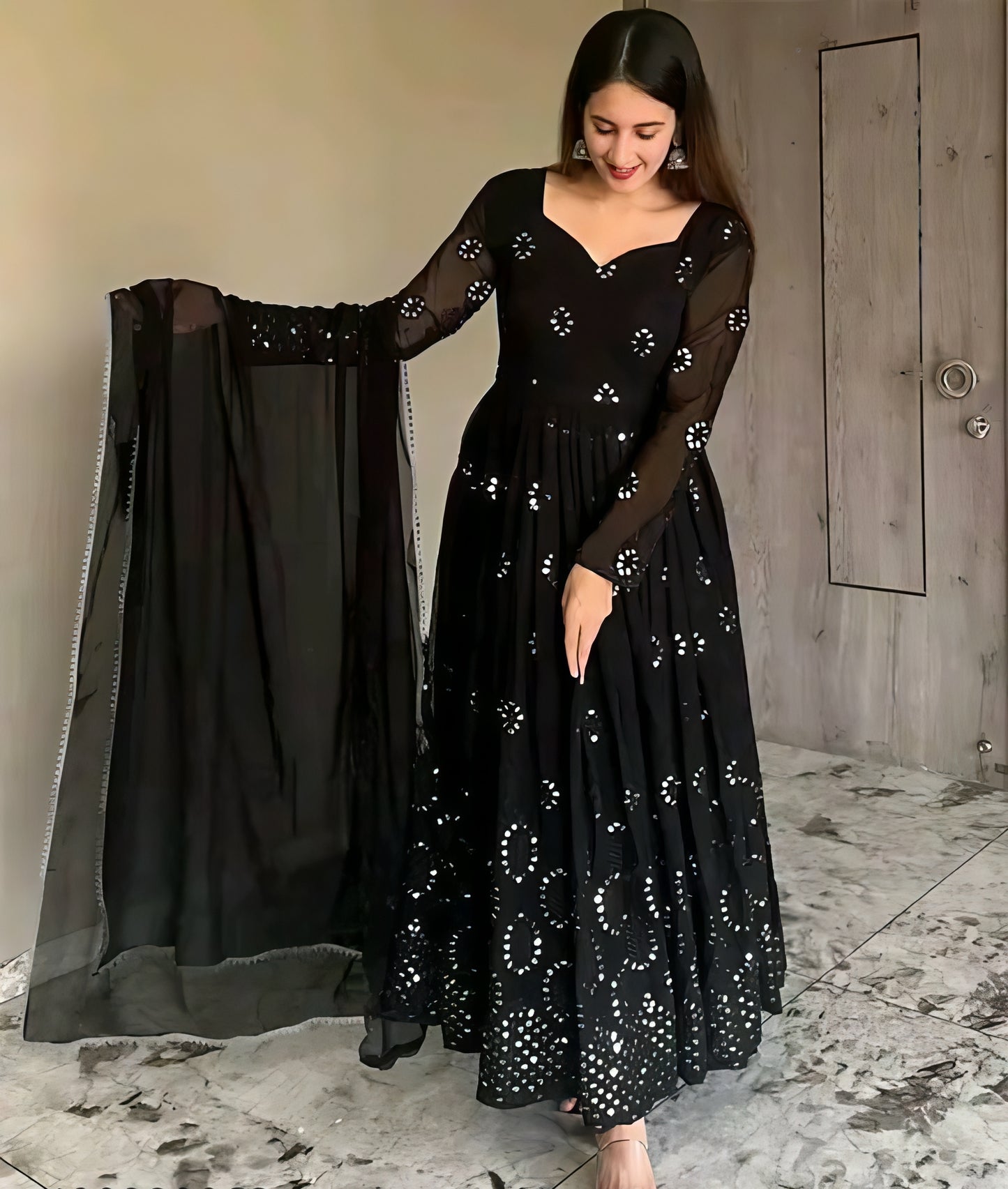 Shaheen-e-Noor Georgette Black Anarkali Gown Set
