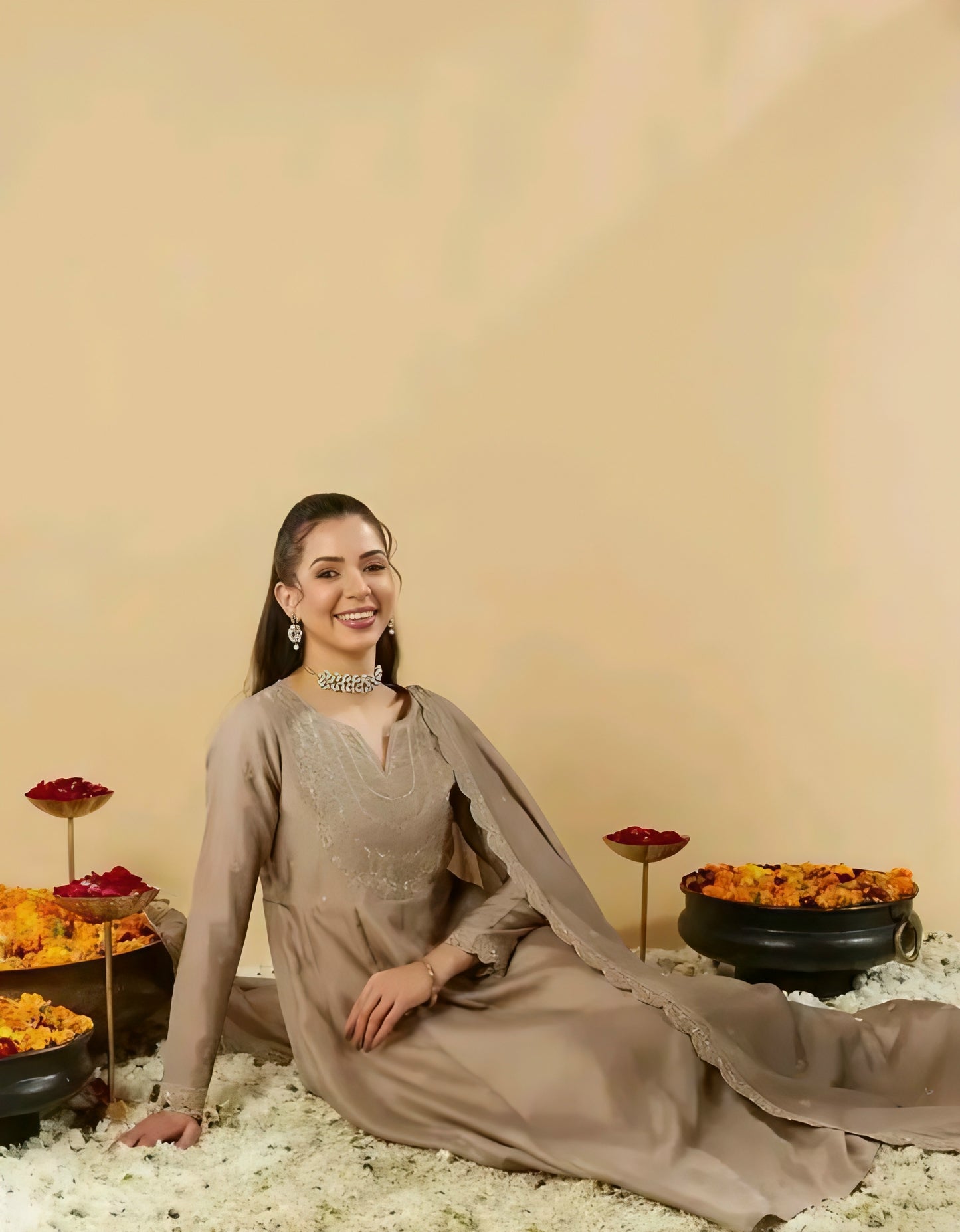 Gul-e-Zara Silk Beige Anarkali Kurta Set