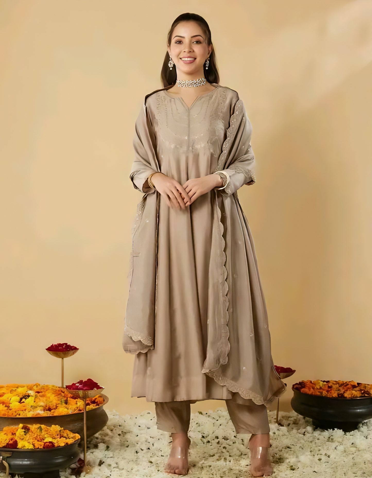 Gul-e-Zara Silk Beige Anarkali Kurta Set