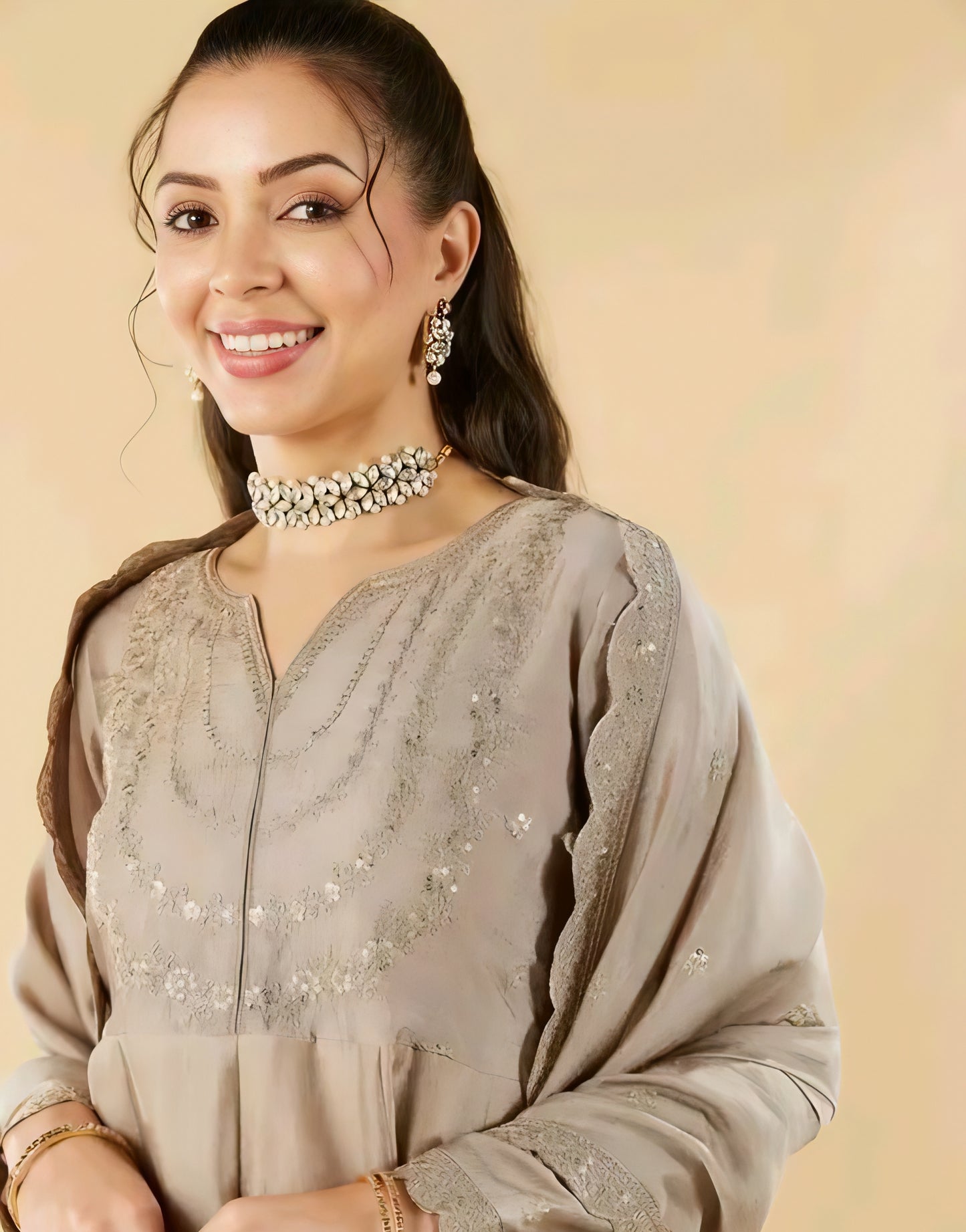 Gul-e-Zara Silk Beige Anarkali Kurta Set