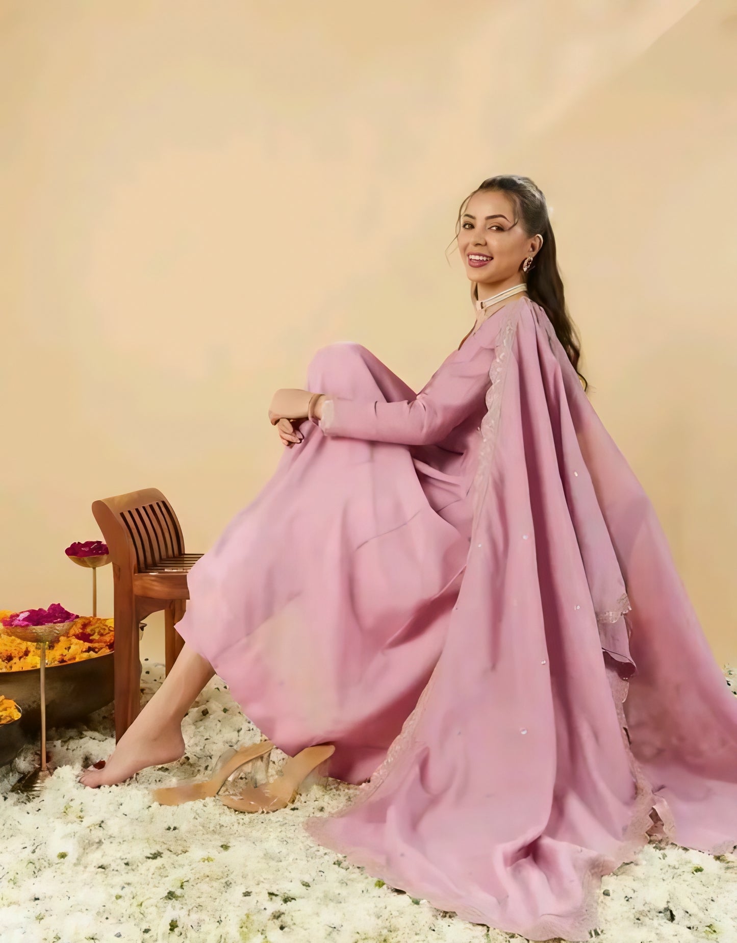 Gul-e-Zara Silk Blush Pink Anarkali Kurta Set
