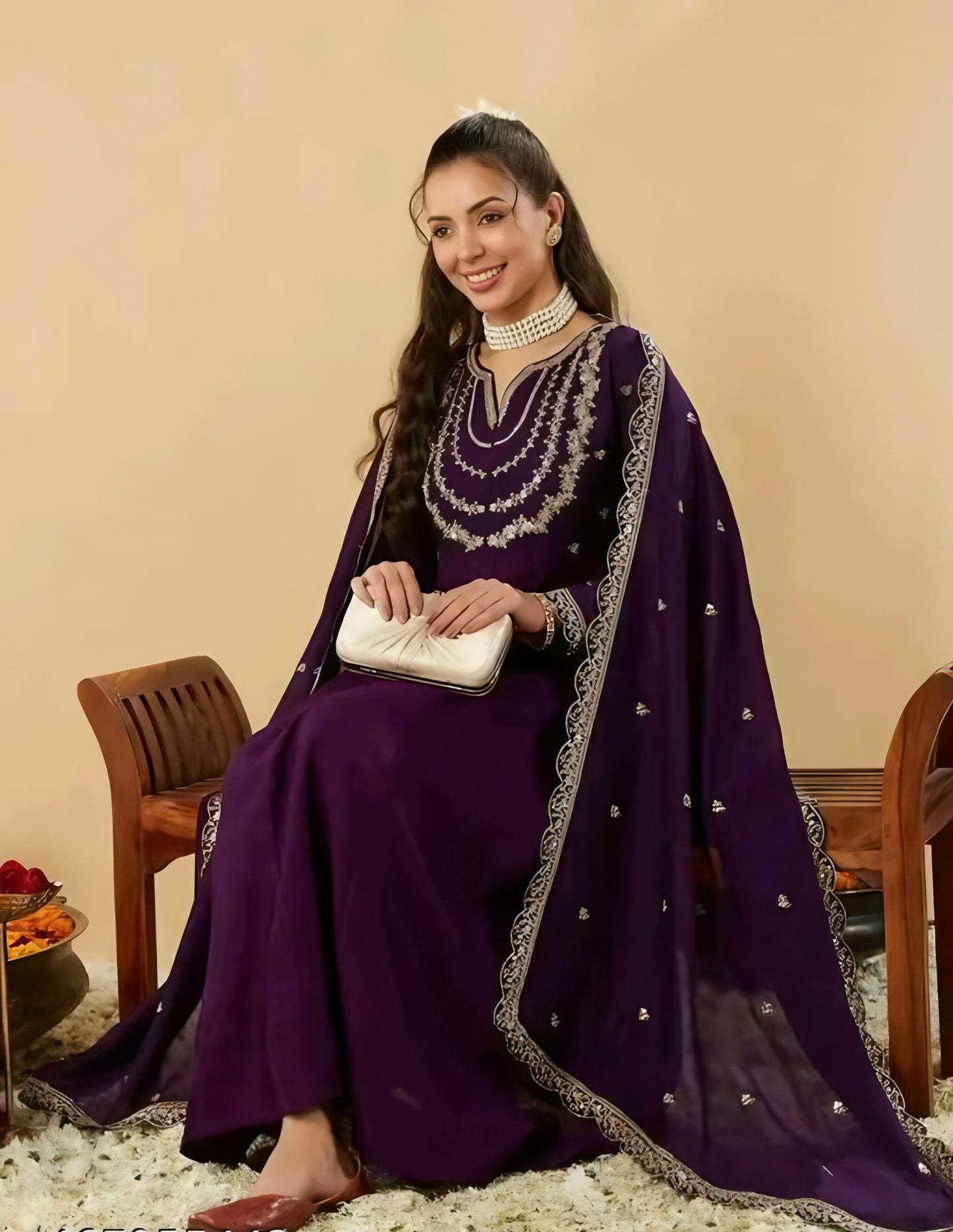 Gul-e-Zara Silk Purple Anarkali Kurta Set
