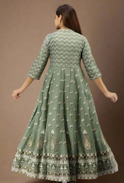 Asiyah - Women's Green Block-Printed Anarkali Suit with Floral Embroidery