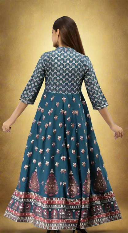 Humaira Afsana Women's Blue Block-Printed Anarkali Suit with Floral Embroidery