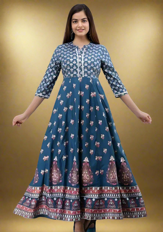 Humaira Afsana Women's Blue Block-Printed Anarkali Suit with Floral Embroidery