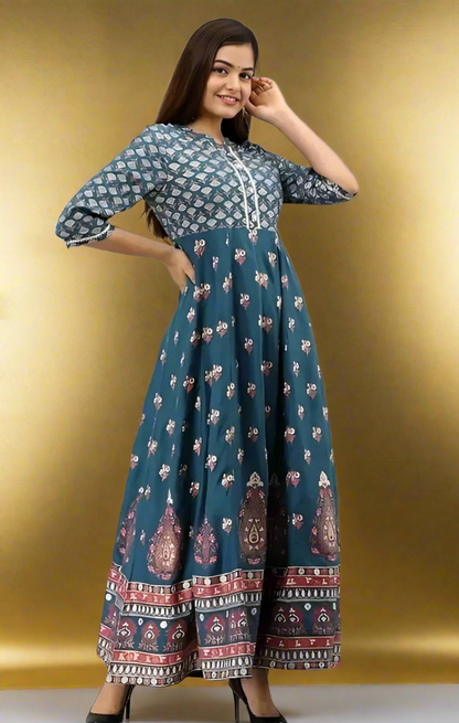 Humaira Afsana Women's Blue Block-Printed Anarkali Suit with Floral Embroidery