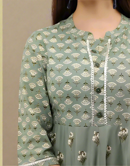 Asiyah - Women's Green Block-Printed Anarkali Suit with Floral Embroidery