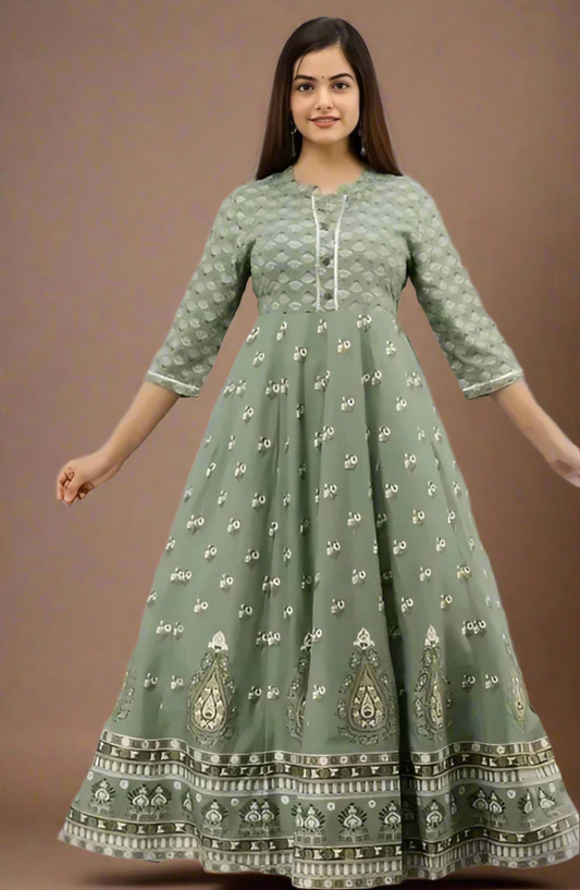 Asiyah - Women's Green Block-Printed Anarkali Suit with Floral Embroidery