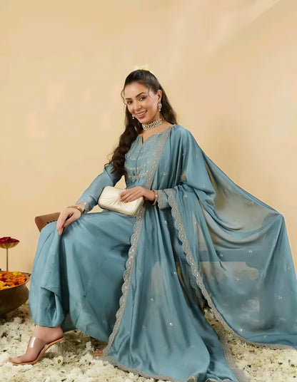 Gul-e-Zara Silk Aqua Blue Anarkali Kurta Set