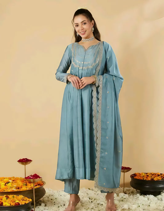 Gul-e-Zara Silk Aqua Blue Anarkali Kurta Set