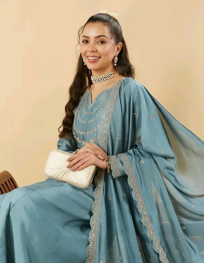 Gul-e-Zara Silk Aqua Blue Anarkali Kurta Set