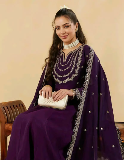 Gul-e-Zara Silk Purple Anarkali Kurta Set
