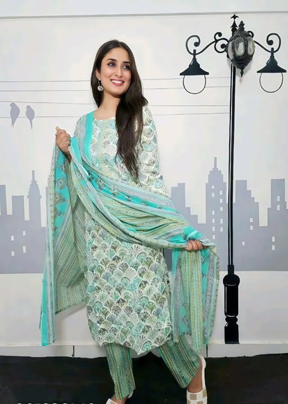 Noor-e-Haya | Elegant Printed Suit in Pink, Mint & Hints of Orange