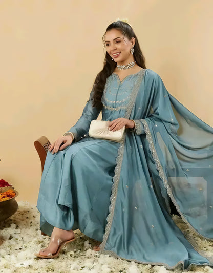Gul-e-Zara Silk Aqua Blue Anarkali Kurta Set