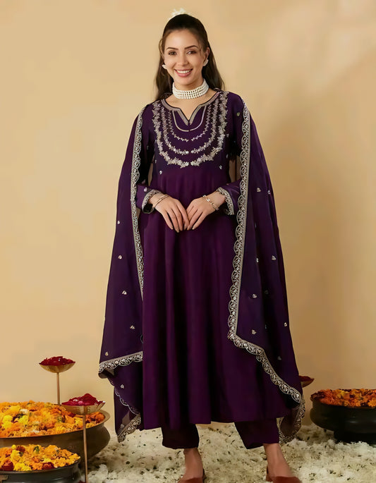Gul-e-Zara Silk Purple Anarkali Kurta Set