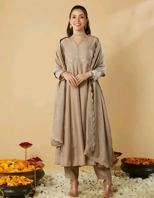Gul-e-Zara Silk Beige Anarkali Kurta Set