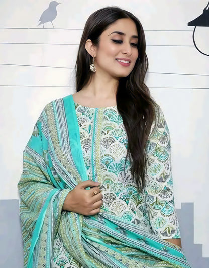 Noor-e-Haya | Elegant Printed Suit in Pink, Mint & Hints of Orange