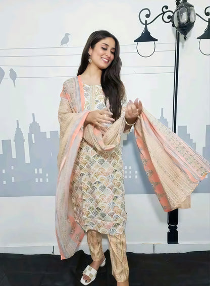 Noor-e-Haya | Elegant Printed Suit in Pink, Mint & Hints of Orange