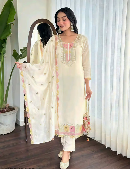 Dil-e-Nur Chanderi Silk Ivory Kurta Set