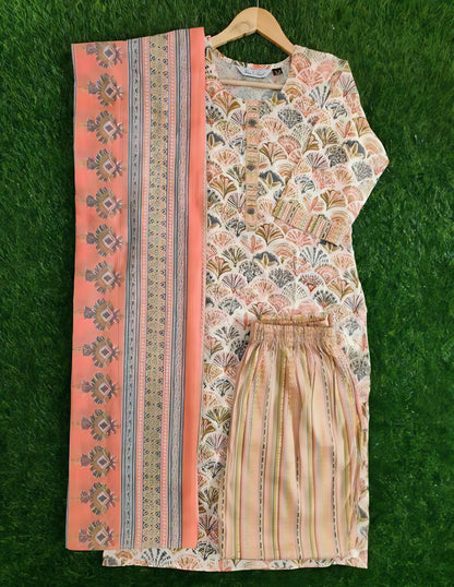 Noor-e-Haya | Elegant Printed Suit in Pink, Mint & Hints of Orange