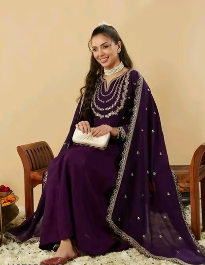 Gul-e-Zara Silk Purple Anarkali Kurta Set